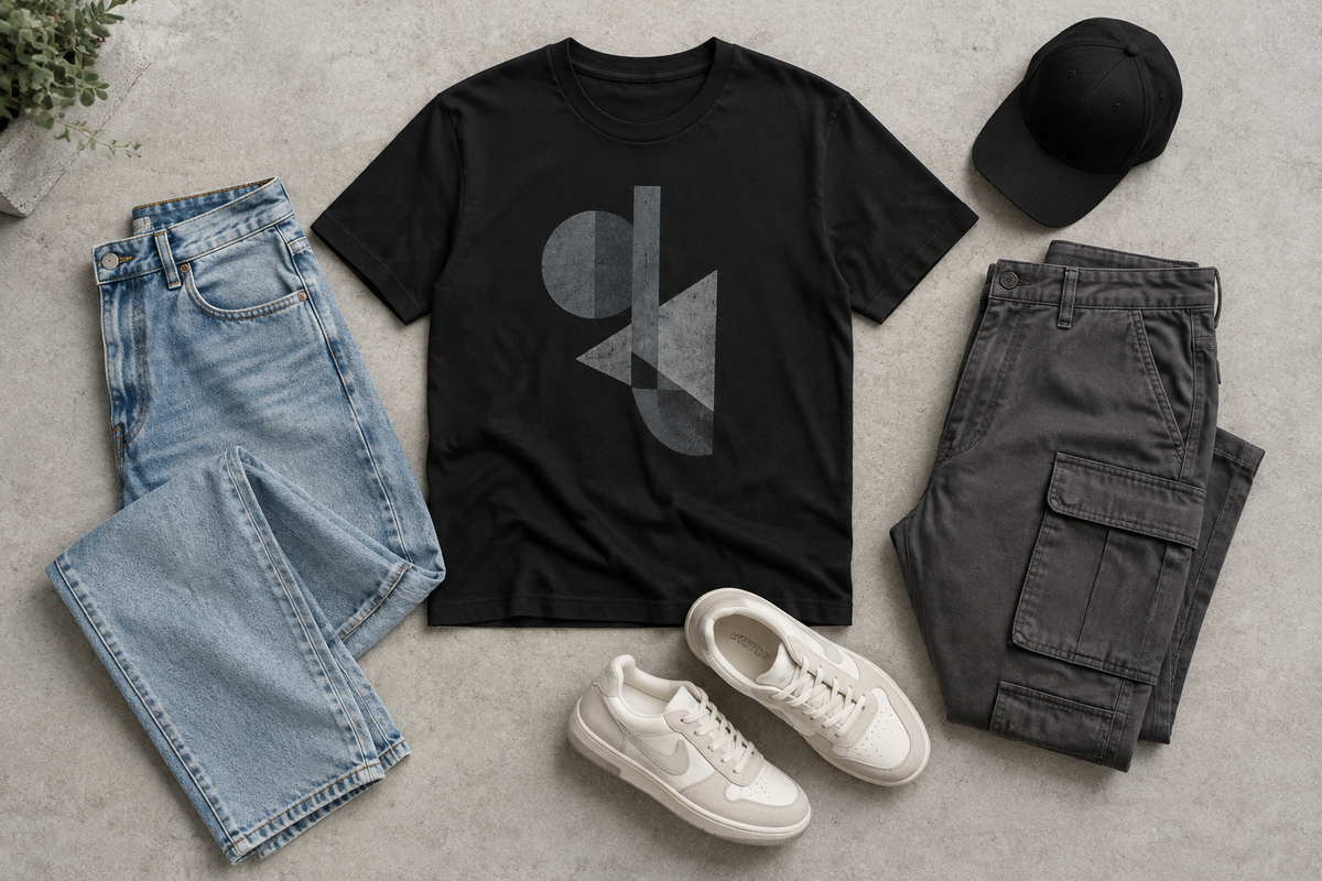 Illustrative flat lay of a black graphic tee with jeans, cargo trousers, neutral sneakers and a cap.