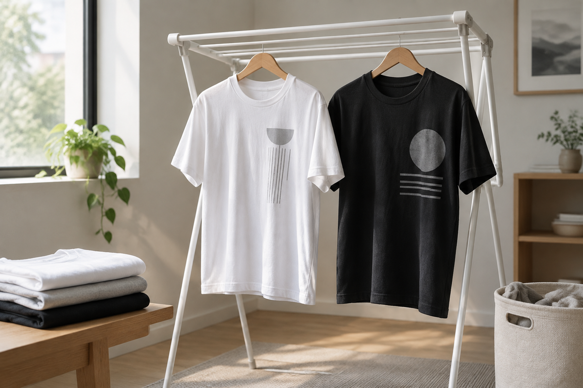 Illustrative black and white graphic tees drying on a rack beside folded shirts and a laundry basket.
