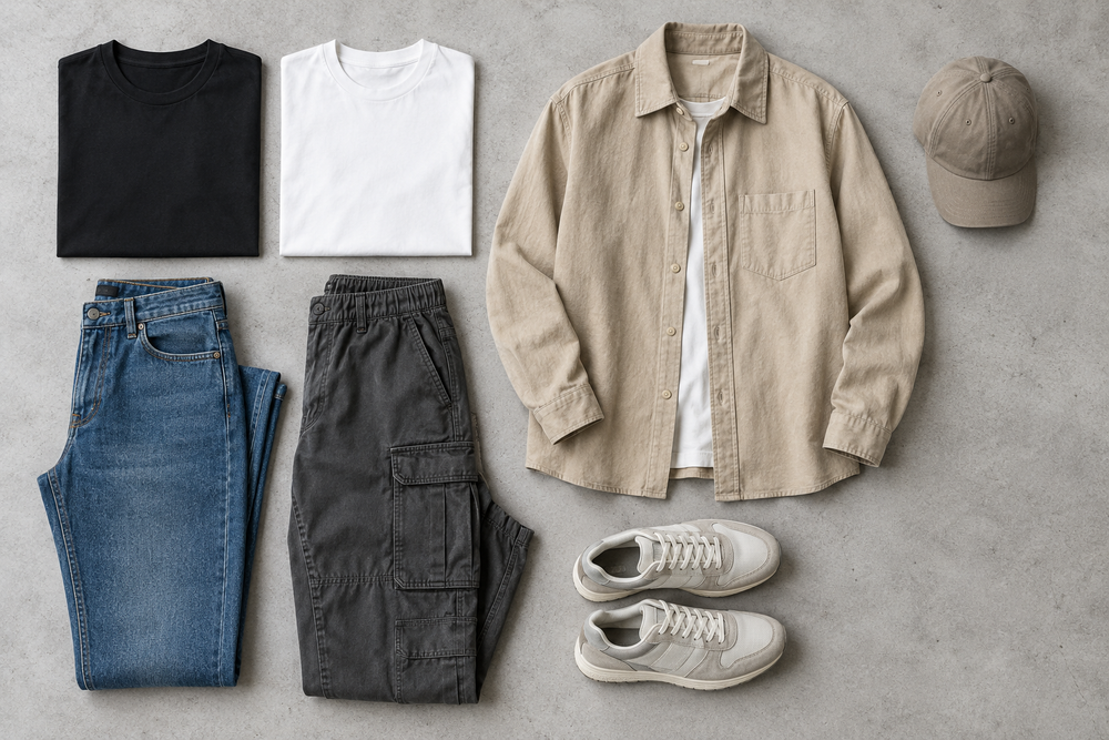 Illustrative flat lay of black and white tees, jeans, cargo trousers, a beige overshirt, sneakers and a cap.