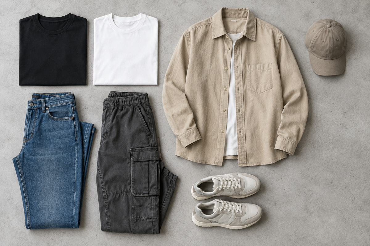 Illustrative flat lay of black and white tees, jeans, cargo trousers, a beige overshirt, sneakers and a cap.